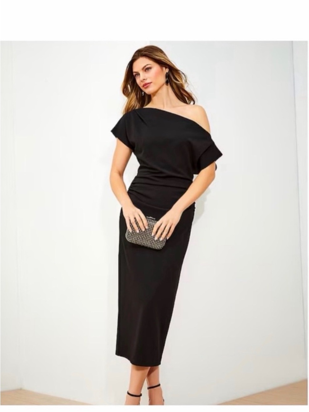 Gibson Latimer Black One-Shoulder Midi Dress Brushed Suede